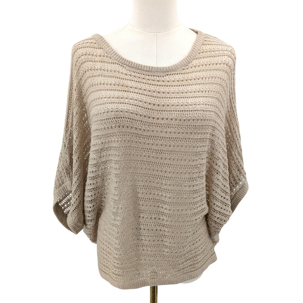 Boho open knit poncho top neutral drape batwing sleeve airy sweater M